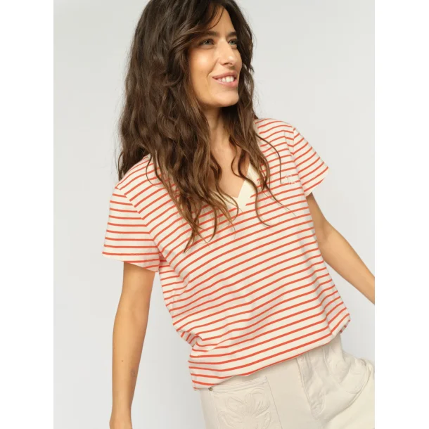 Mos Mosh - Kala V-SS Stripe Tee - Spicy Orange