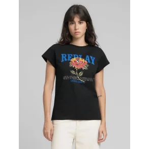 Replay - Jersey T-shirt - With Rose And Log Print - Black