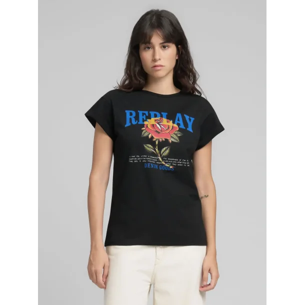 Replay - Jersey T-shirt - With Rose And Log Print - Black