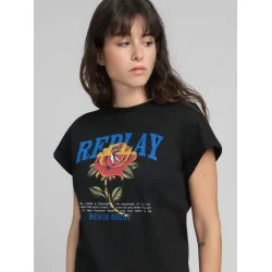 Replay - Jersey T-shirt - With Rose And Log Print - Black