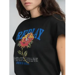 Replay - Jersey T-shirt - With Rose And Log Print - Black
