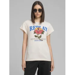 Replay - Jersey T-shirt - With Rose And Log Print - White