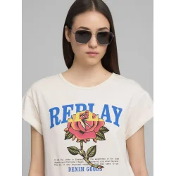 Replay - Jersey T-shirt - With Rose And Log Print - White