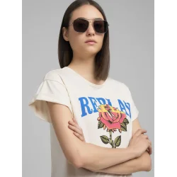 Replay - Jersey T-shirt - With Rose And Log Print - White