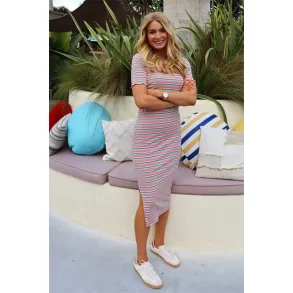 Liberte - Natalia SS Kjole - Multi Orange Pink Stripe